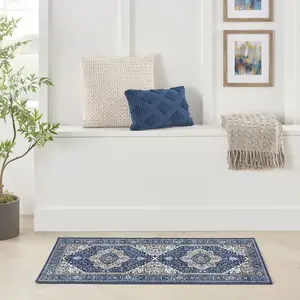 Nourison Fulton Vintage Bordered Medallion Non-Slip Flatwoven Indoor Rug Navy Ivory 1'10" x 5'