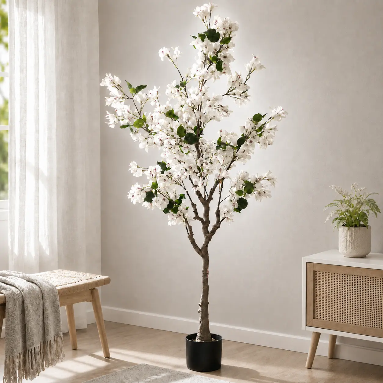 6FT Artificial Bougainvillea Tree with Black Pot, Lifelike White Faux Flowering Floor Plant for Living Room, Bedroom, Office, Entryway Home Decor sohochic