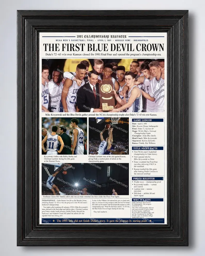 [Unframed Poster] 1991 NCAA Championship Duke Blue Devils First National Title Coach K Basketball Newspaper Wall Art