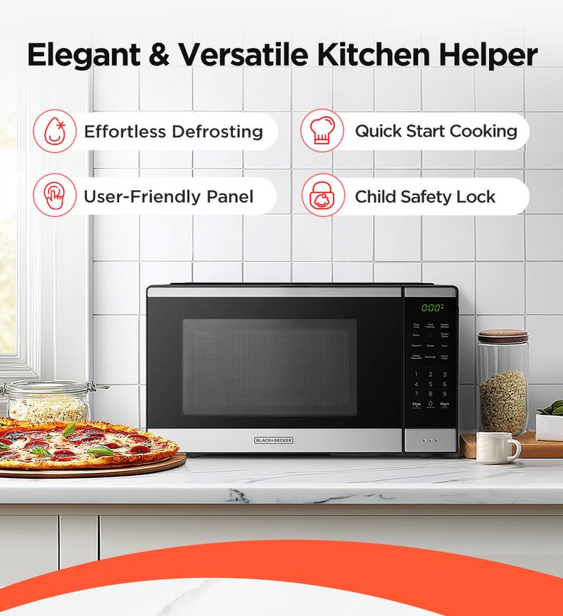 BLACK+DECKER Countertop Microwave Oven,  gift, 0.9 Cu Ft, 6 Auto Menus, Child Lock, Memory Function, 10 Power Levels, Easy One-Touch Start, Digital Panel, Jumpstart, Gift