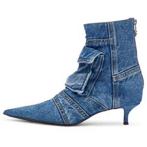 2025 New Trendy Elegant Women'S Faux Denim Ankle Boots - Casual Pointed Toe Kitten Heel with Zipper Closure, Random Print Jean Fabric, Ultrafine Fiber Lining & Insole, Rubber Sole