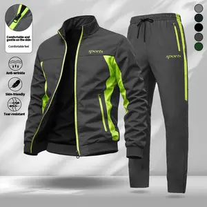 Men's spring/summer lightweight letter print zip-up jacket and pants two-piece set, regular fit casual long-sleeve stand collar top and full-length pants, suitable for everyday wear and versatile for all seasons; men's two-piece outfit