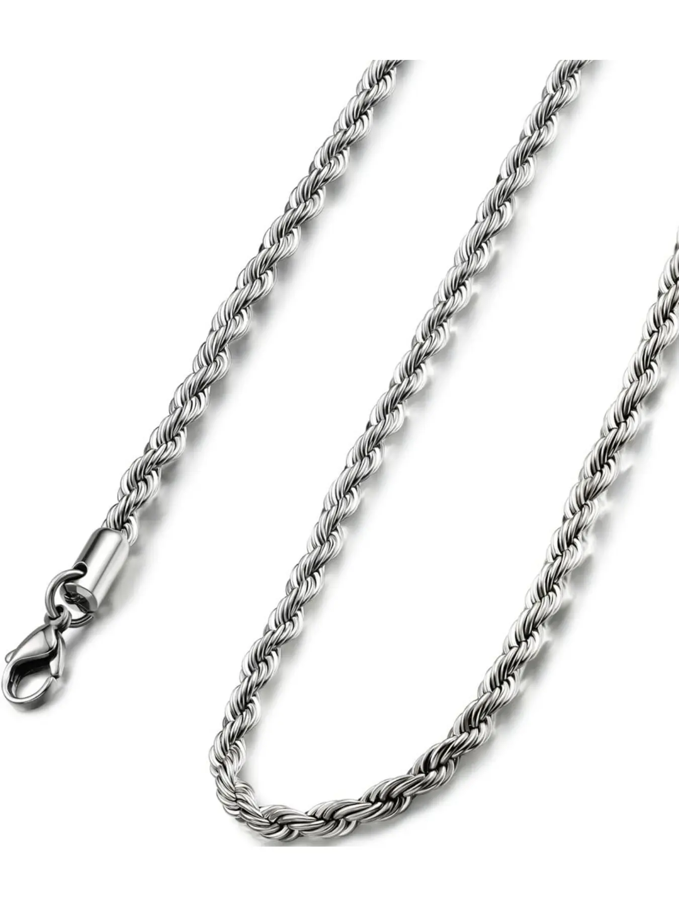 Men's 2mm Stainless Steel Rope Chain Non Tarnish Elegant Necklace, Available in Silver Color, Sizes 16-30 Inches