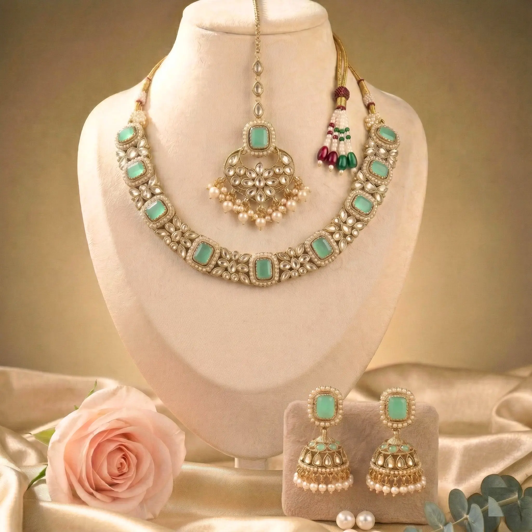 Indian Polki Necklace Set, Premium Quality Bridal Jewelry Choker Jhumka Maang Tikka