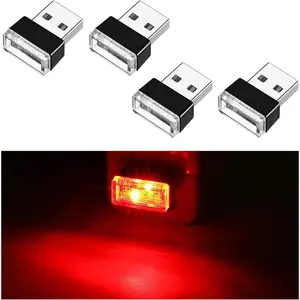 4 count USB LED  Interior Atmosphere Lamp, Portable Mini LED Night Light, Plug-in USB Interface Trunk Ambient Lighting Kit, Universal  Interior Accessories (Red)