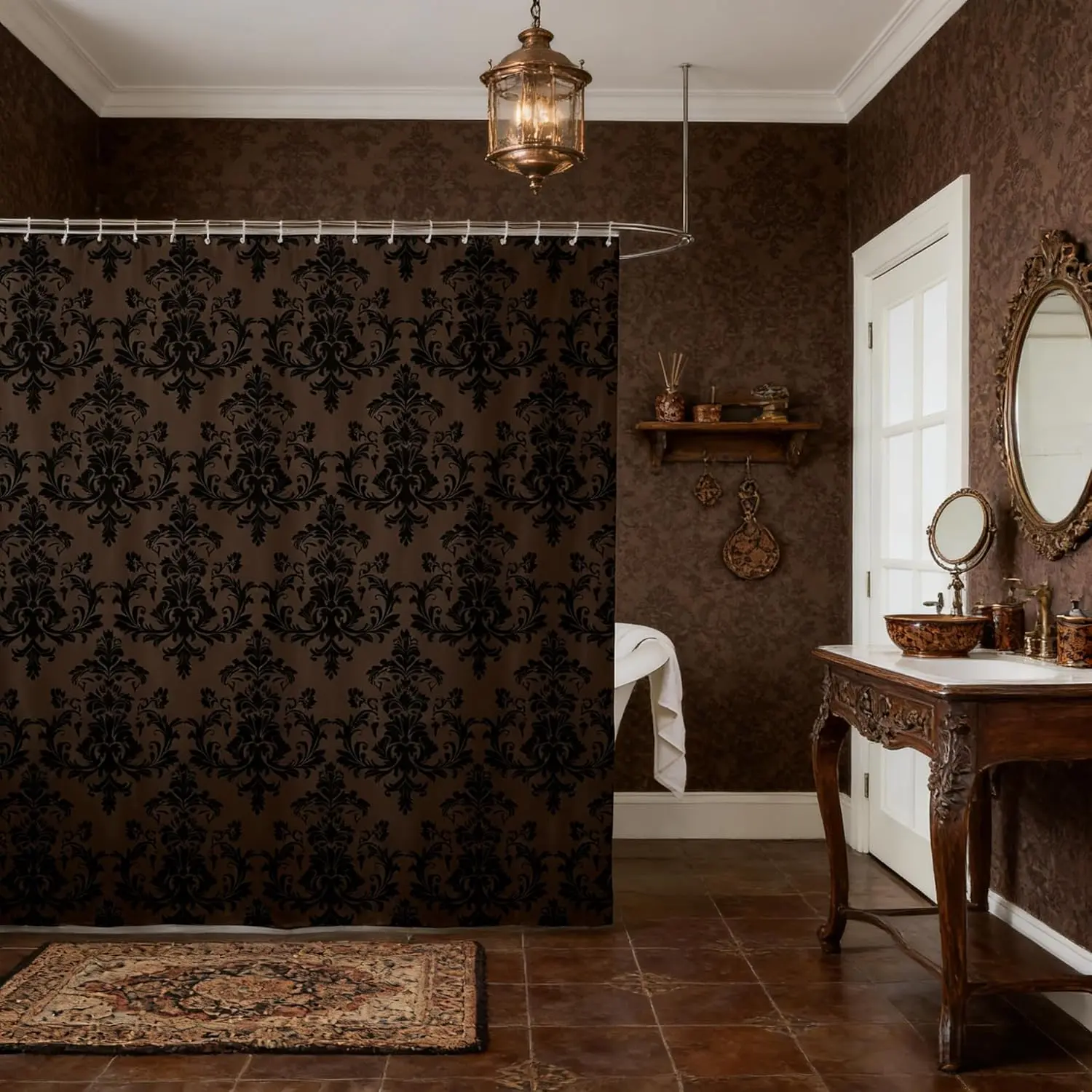 Vintage Black Brown Shower Curtain,Bohemian Victorian Baroque Floral Bath Curtain,Gothic Damask Lace Pattern Waterproof Fabric Accessories