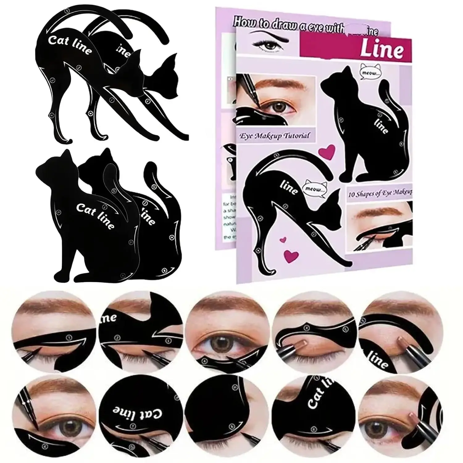 4 Piece Cat Eyeliner Stencil Kit, Reusable DIY Beauty Guide with 10 Shapes for Winged Looks, Time-Saving Cosmetic Tool for Beginners