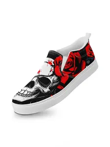 Women's Gothic Skull & Rose Print Low Top Sneakers, Slip On Shoes, Fashionable Casual Comfortable Sports Shoes for Daily Wear, Female All-match Round Toe Shoes for Daily Wear