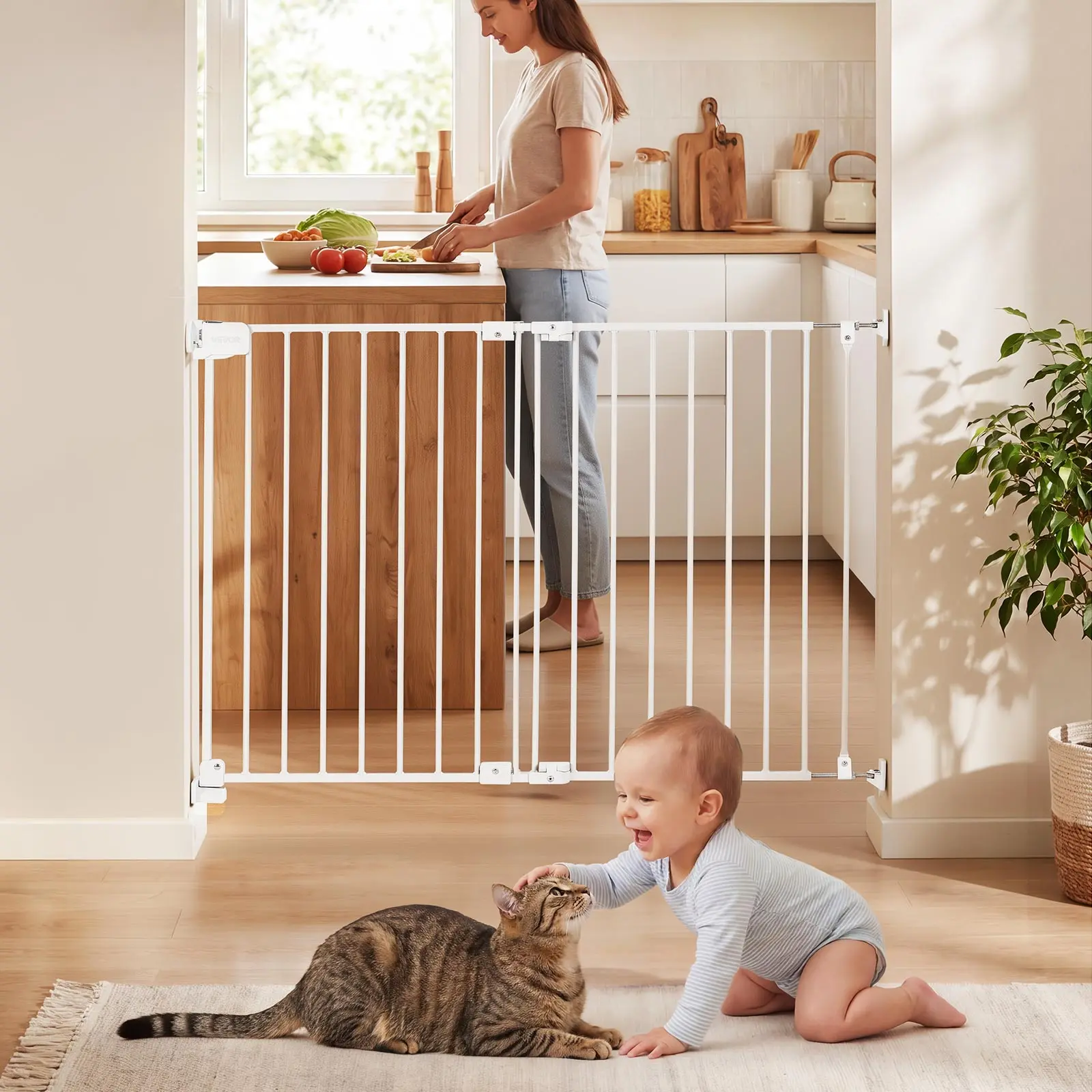 VEVOR Baby Gate for Stairs, 26-43 in Adjustable Width, 28 in High Dog Gate, No Bottom Bar, One-Handed Operation, Easy Drilling Installation with Hardware Kit, for Stairs, Doorways, and House, White