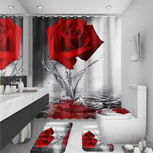 4Pcs Red Rose Shower Curtain Sets, Romantic Water Red Rose Bathroom Sets with Shower Curtain and Rugs Toilet Lid Cover Bath Mat, Waterproof Fabric Rose Shower Curtains with Hooks