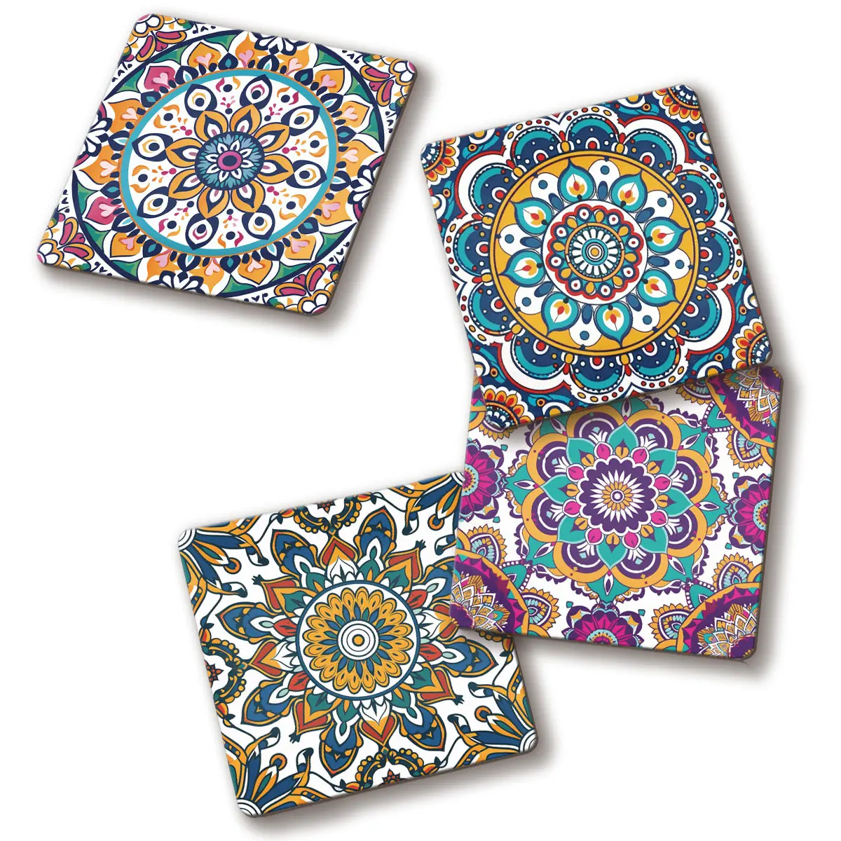 4 pcs mandala square coasters, festive wooden coasters with special pattern design, festive kitchen decoration, home decoration accessories