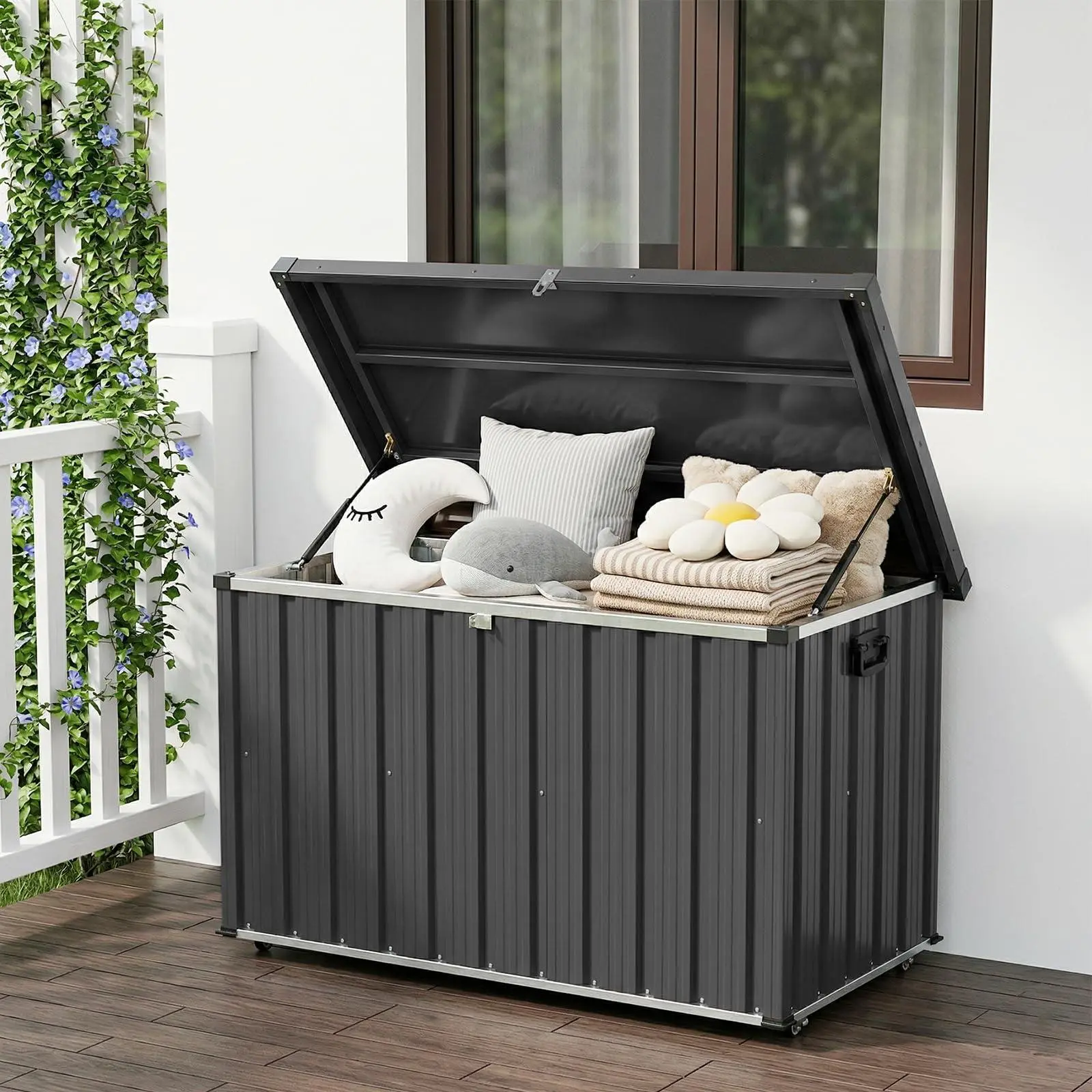 150 Gallon Outdoor Metal Storage Deck Box – Waterproof Galvanized Steel Chest, Dual Gas Struts, Rolling Wheels & Handles, Lockable – Patio Bin for Cushions, Tools, Pool Floats, Gray, Weatherproof