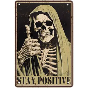 Funny Skull Metal Sign Aluminum Stay Positive Vintage Metal Poster Print Painting Sign Wall Art Decor Retro Plaque For Home Bar Pub Club Cafe Decoration