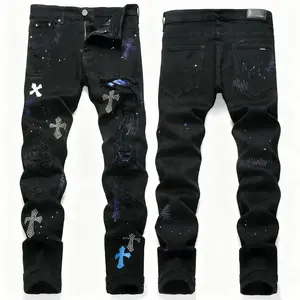 European and American High Street Black Cross Badge Rhinestone Distressed Jeans Men's Slim Fit Casual Long Pants Trendy Brand Streetwear Menswear