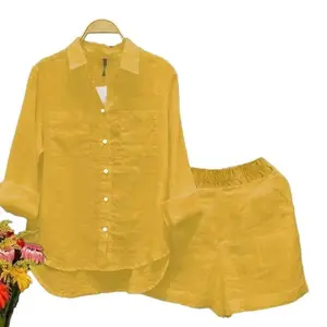 2026 Summer Long Sleeve Shirts And Shorts Two count Sets Women Fashion White Linen Casual Home 2 count Set For Women Tops Shirt