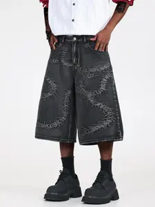 Men's Embroidered Loose Jeans Shorts, Vintage Washed Denim, Summer Y2K Streetwear, Artistic Floral Design, Multiple Sizes Available