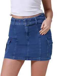 INSPIRE CHIC Women's Denim Mini Skort High Waisted Stretch Belted Cargo Pocket Bodycon Jean Skirt with Shorts Blue