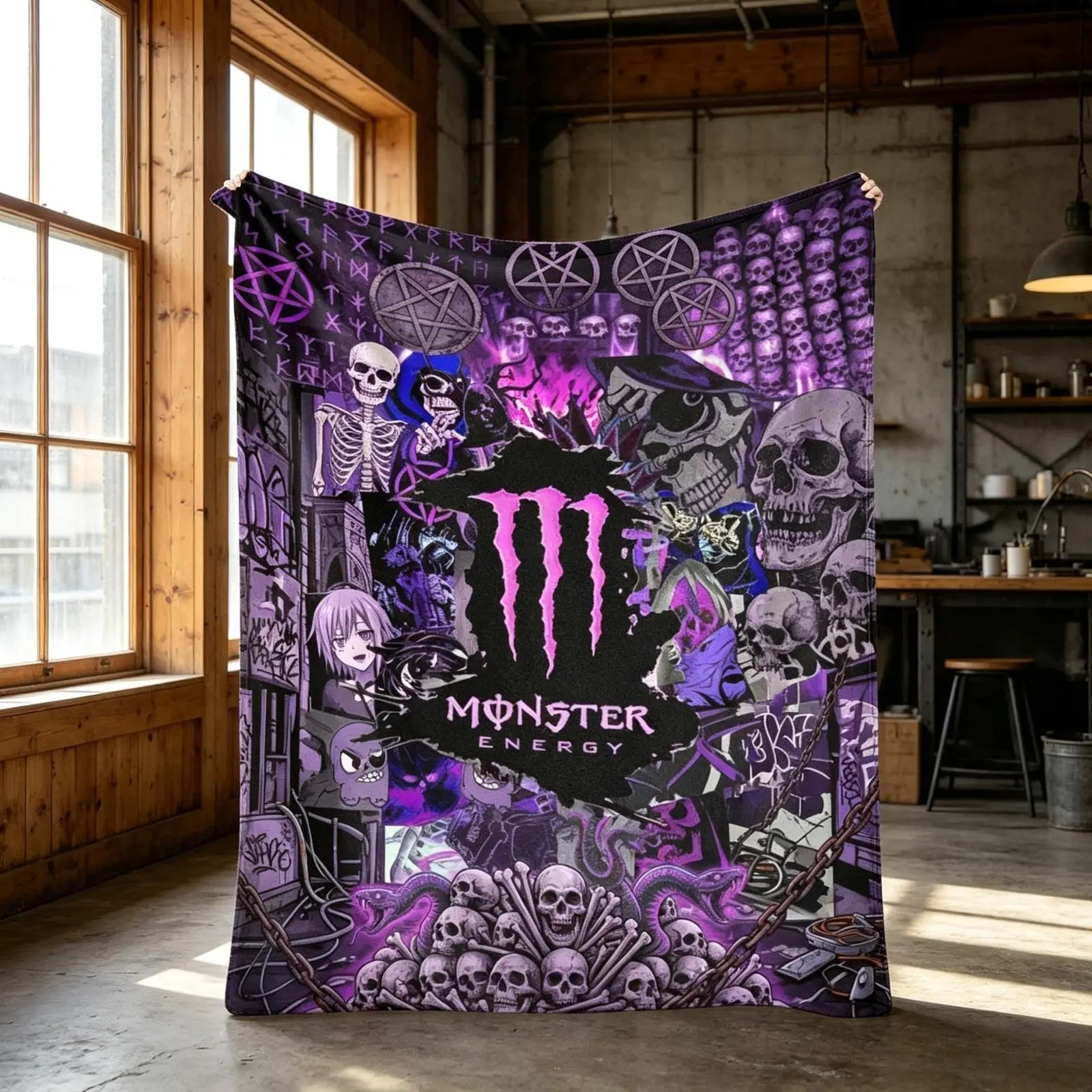 Deep Purple Gothic Skull Pentagram Horror Pattern Flannel Throw Blanket, soft lightweight cooling cover for sofas, beds, workspaces, trips, camping & movie nights, dark goth home decor, great Halloween gift for dark aesthetic admirers
