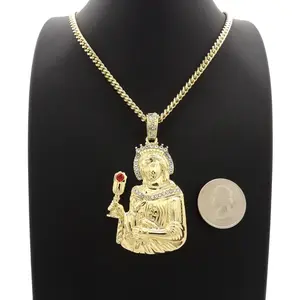 Hip Hop Gold Plated Santa Barbara Pendant & 4mm 18" ~ 24" Brass Cuban Chain Necklace