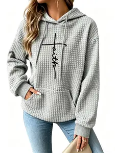 Womens Waffle Hoodies With "Faith" Cross Print Graphic Sweatshirt Fashion Outfits, Casual Waffle Hooded Sweatshirt With Pockets