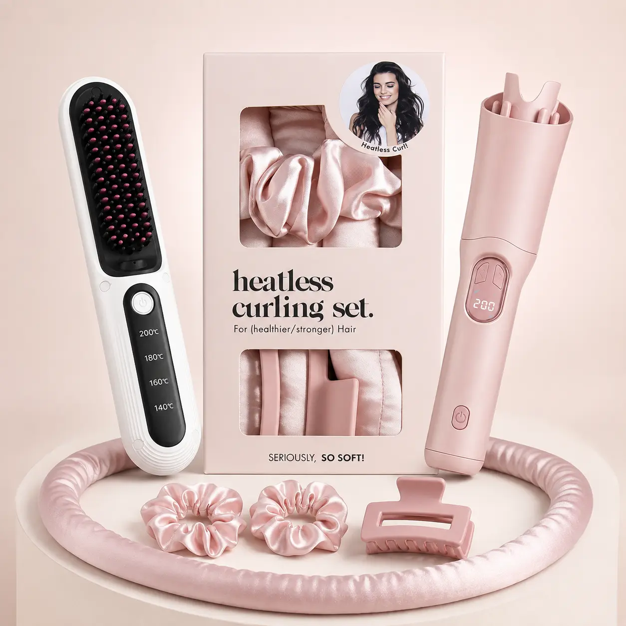 Cordless Hair Styling Set, 32mm Automatic Ceramic Curling Iron, USB Rechargeable Portable Hair Curler, Hair Straightener Brush & Heatless Curling Rods Kit for Long Hair Waves
