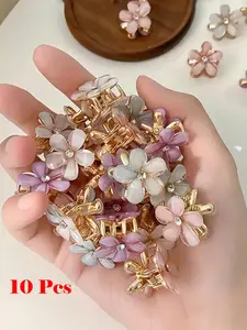 Flower Design Hair Claws, 10pcs Cute Colorblock Hair Claws, Fashion Hair Accessories for Women & Girls, Minimalist Headwear Suitable for Thick Hair, Flower Hair Clip