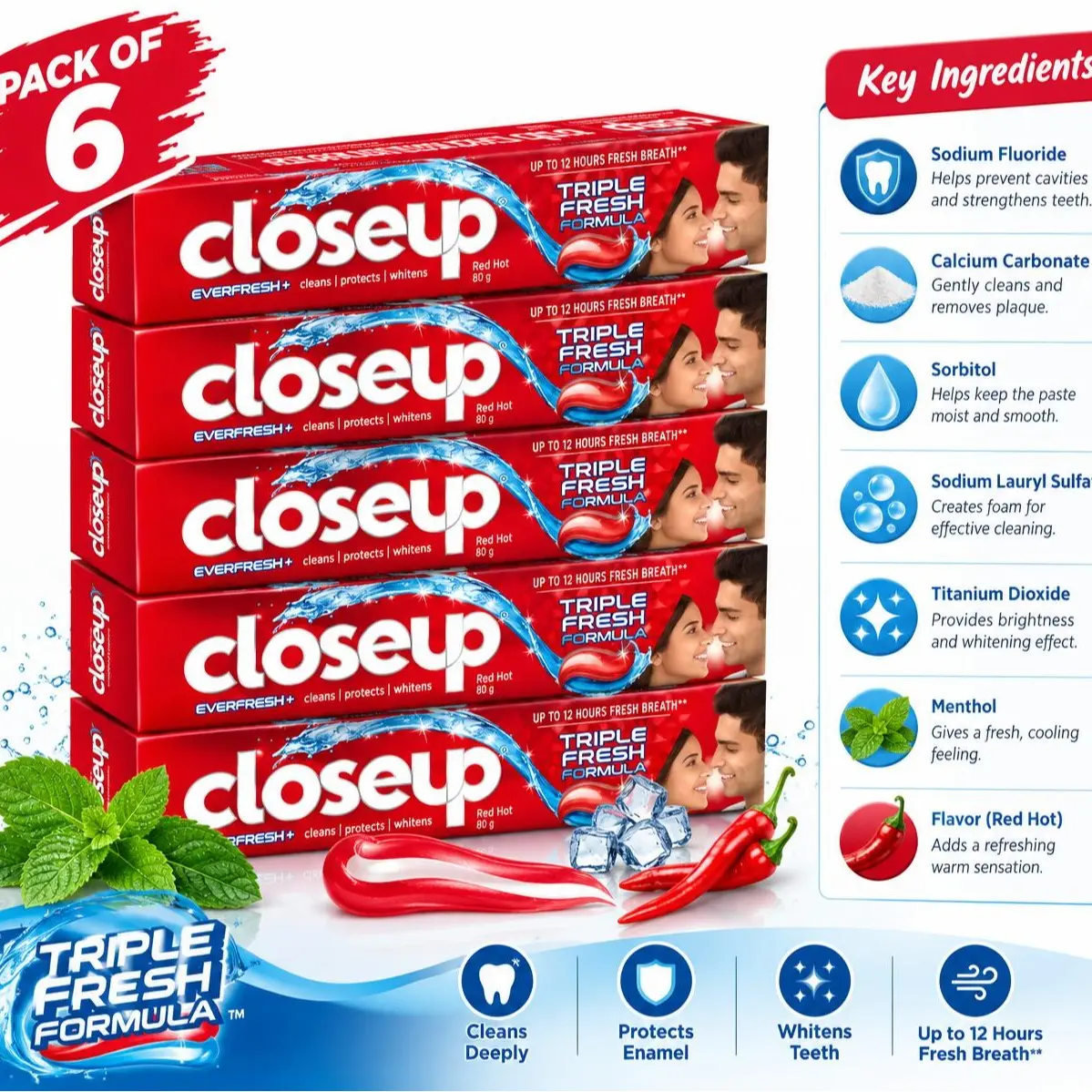 Pack of 6 - Closeup Triple Fresh Formula Red Hot Toothpaste with Sodium Fluoride & Calcium Carbonate for 12 Hours fresh air  prevents bad breath