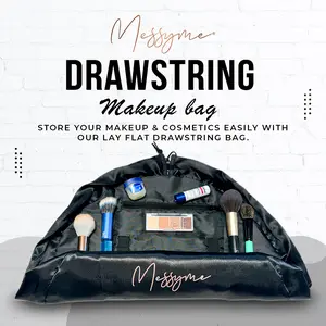 Messyme Makeup Bag Organizer - Magic Cosmetics Pouch Bag Drawstring Makeup Bag Opens flat for Skin Care, Toiletries, Eyeshadow, Lipstick with Brush Holder & Large Pockets Black