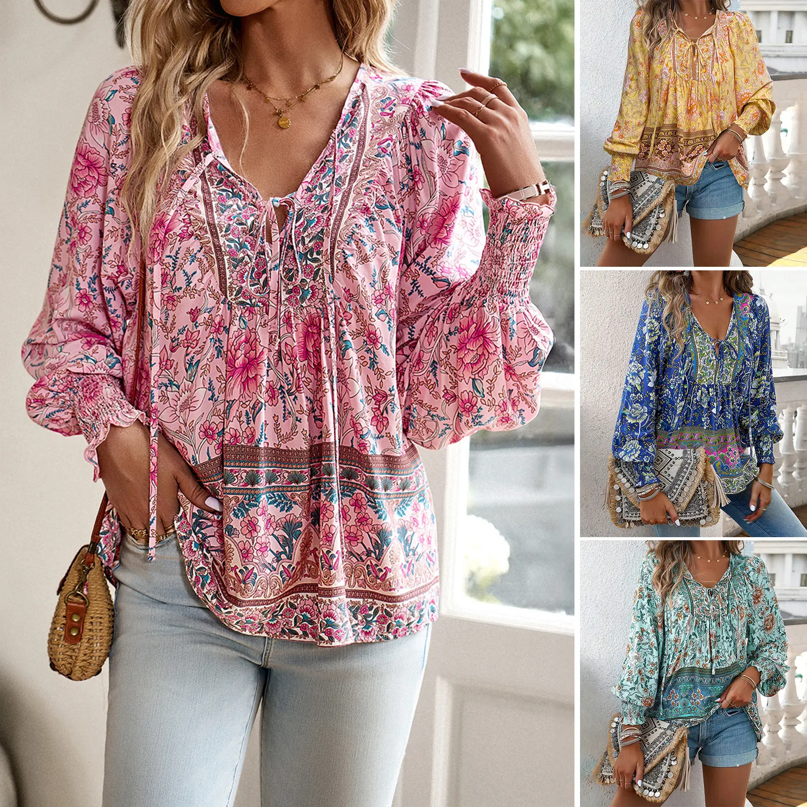 Women's Peplum Blouse with Bohemian Tribal Print, V-Neck Long Sleeve Viscose Top for Work, Office OOTD, and Going Out, Lady, Fabric, Ready To Wear, Bohemian Look campingessentials, Holiday Wear, Ethnic, Drawstring Fake, Driving / Ootd