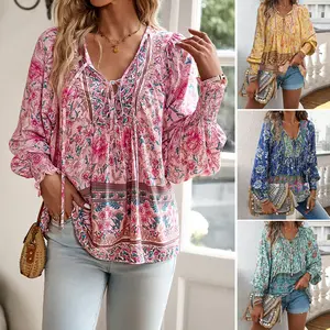 Women's Pink Casual Boho V Neck peplum Top, Loose Floral Print vacation Bohemian Blouse, Long Sleeve Beach Shirt, Multicolor Blouses, Coachella Outfit, summertops Boho Hippie Outfit Womenswear S-XL