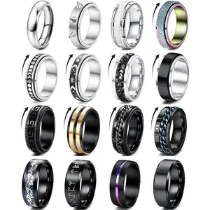 FINREZIO 16Pcs Stainless Steel Band Rings for Men Women Fashion Fidget Anxiety Relief Rings Simple Chain Beveled Edges Celtic Band Spinner Rings Set