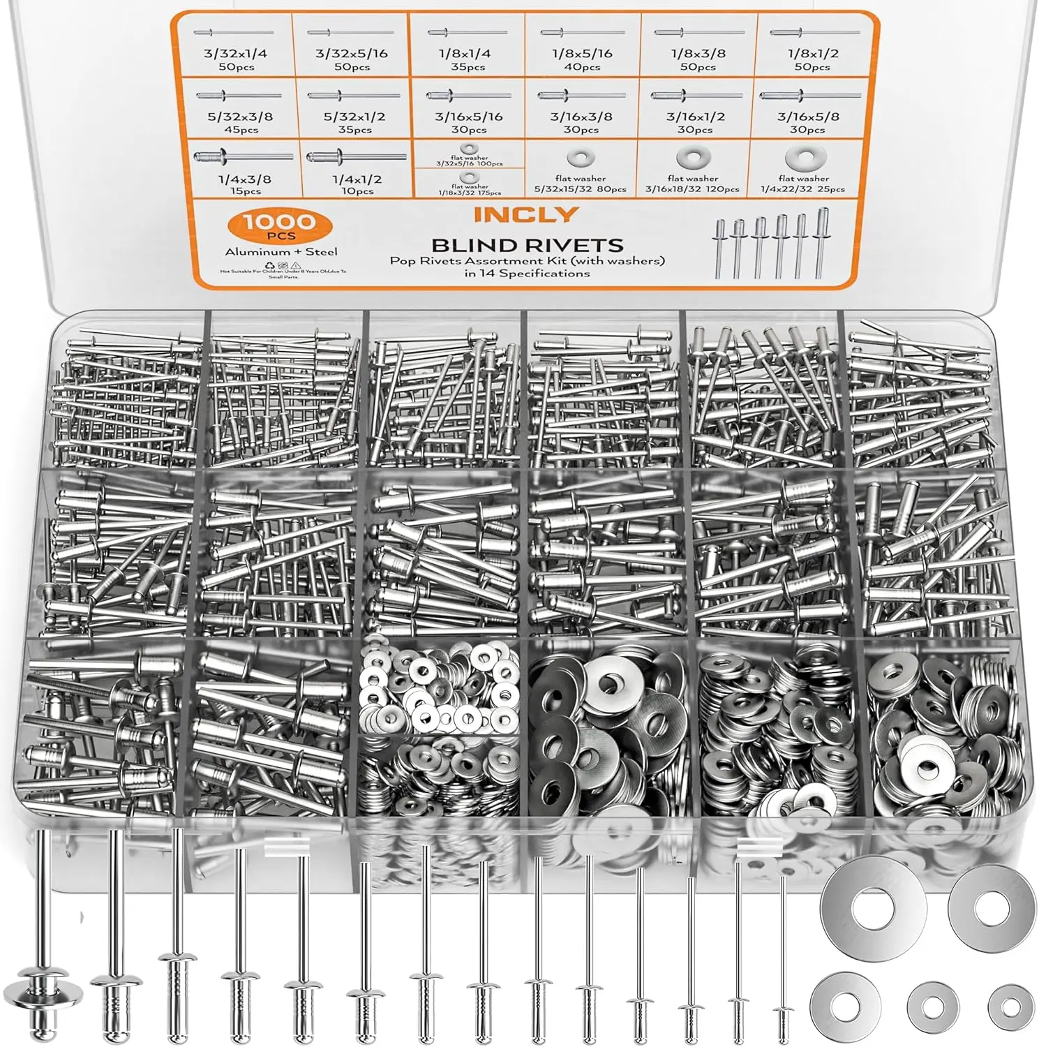 1000-Piece Aluminum Pop Rivet Assortment Kit, 14 Sizes Blind Rivets with Stainless Steel Washers for Metal, DIY and Home Repair