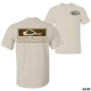Drake Waterfowl Systems Graphic T-Shirt, Features Camo Pattern Panel With Large “Drake Waterfowl Systems” Text On Back And Drake Logo On Chest, Outdoor Duck Hunting Theme, Unisex Casual Tee, Gift For Waterfowl Hunters, Top Menswear Streetwear Casual