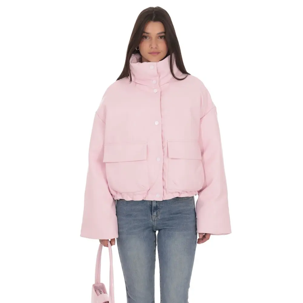 High Collar Cropped Puffer Jacket in Pink