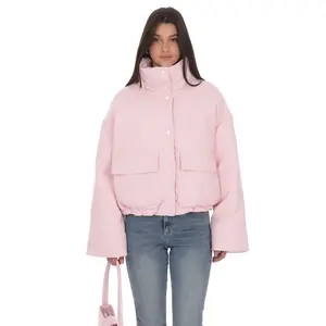 High Collar Cropped Puffer Jacket in Pink