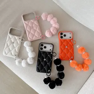 4-Color, Aesthetic Quilted Rhinestone Edge Pom-Pom Protective Case for iPhone 14/15 Series, Leather Quilted Pattern, Rhinestone Lens Bezel, Matching Pom-Pom Lanyard, Pink/White Styles, Scratch & Shock Resistant, Outing/Commute Girl Style