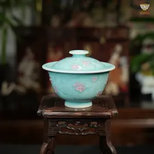 Chen Guo · Ice Plum Blossom Series Longquan Celadon Gaiwan, Sharing Cup, Teacups & Lid Holder | Handcrafted Relief Design | Original Artistic Creation