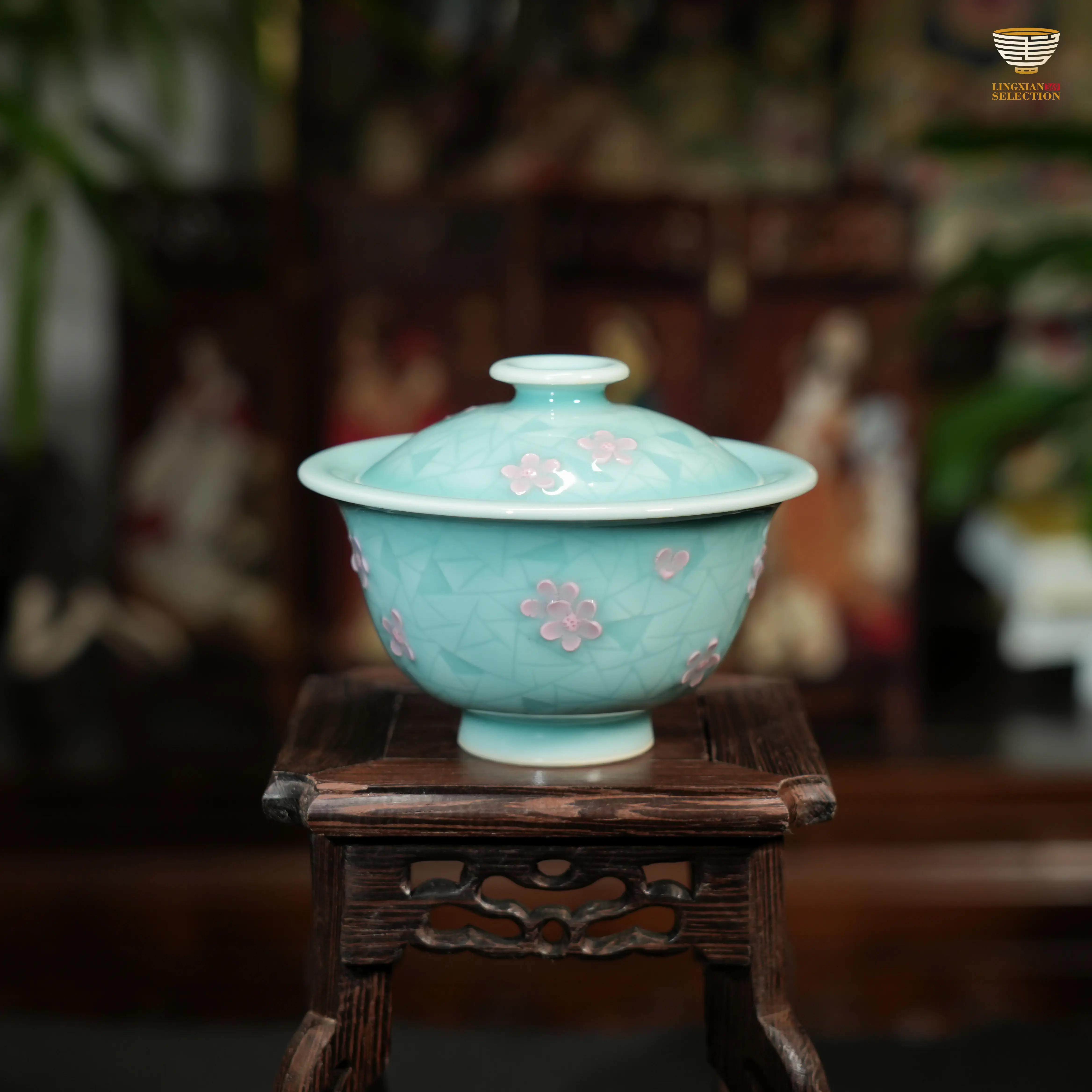 Chen Guo · Ice Plum Blossom Series Longquan Celadon Gaiwan, Sharing Cup, Teacups & Lid Holder | Handcrafted Relief Design | Original Artistic Creation