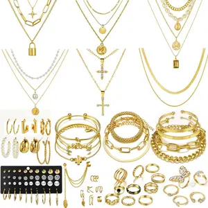 Gold Jewelry Set with 6 Layered Necklace, 11 anklet and  Earring Ear Cuff,12Hoop Earrings ,15pcs Rings,21pcs stud earrings Jewerly set for Women Pack for Friendship Party Gift