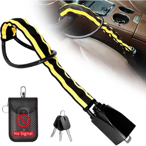 Car Steering Wheel Lock with Reflective Strips + Faraday Bag for Car Keys,17" Adjustable Universal Anti-Theft Device for Car, SUV, Truck, Golf Cart, Car Lock with 3 Keys, Yellow
