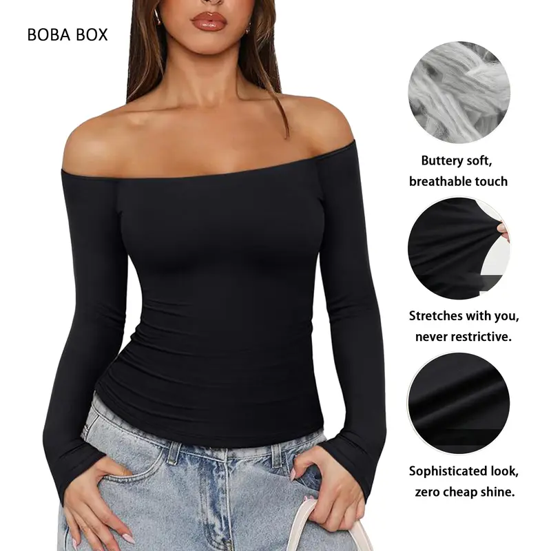 THANTH Women's Off The Shoulder Long Sleeve Henley Top Soft Stretch Modal Blend Slim Fit Shirt for Casual Wear & Office - Fabric, summervibes Womenswear Feminine Ruched Blouse,summerwins