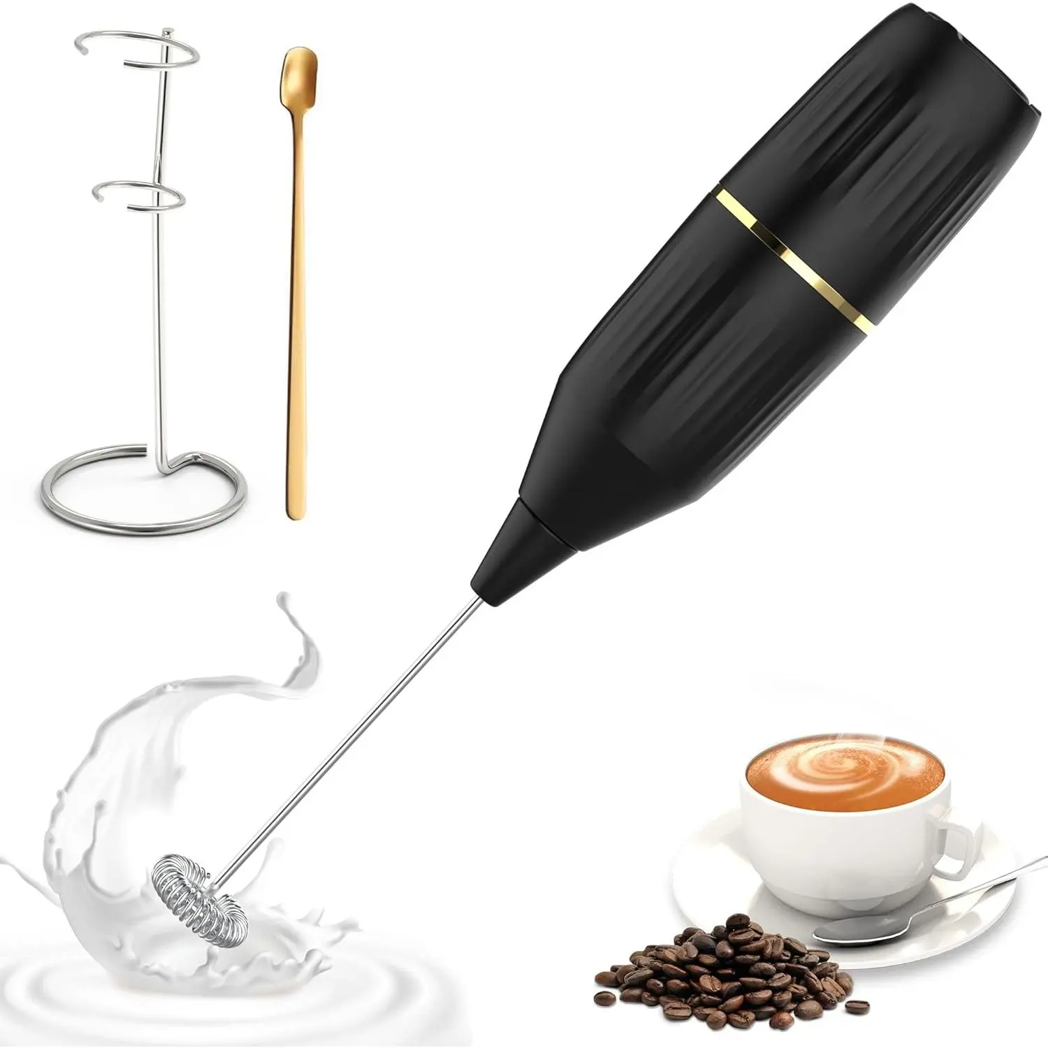 Handheld Milk Frother 14,000 RPM Drink Mixer Wand with Stand & Stirring Spoon Quiet One-Button Operation, Non-Slip Handle, Detachable Whisk  for Coffee, Lattes, Cappuccinos, Matcha (Black)