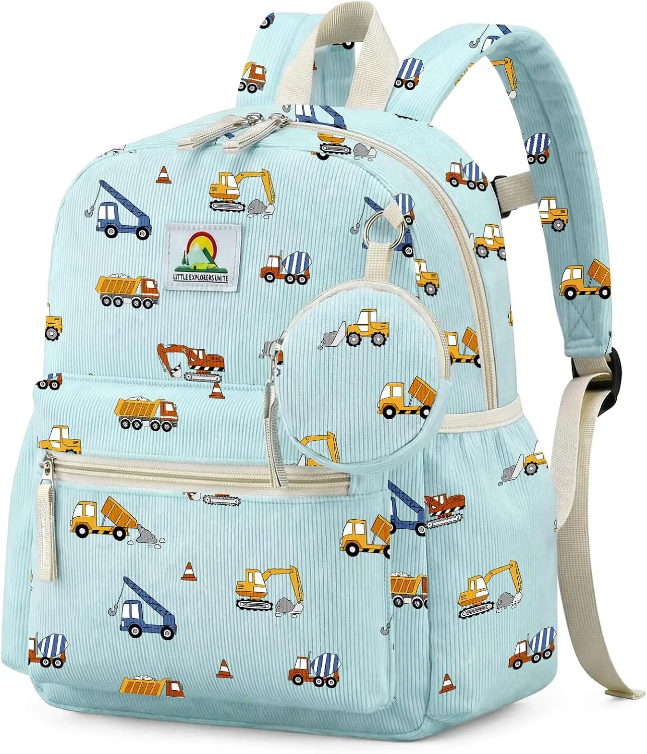 Corduroy Toddler Backpack for Boys 2-5: Construction Kids backpack for Boys 13.5 inch Preschool Kindergarten Backpacks with Coin Purse