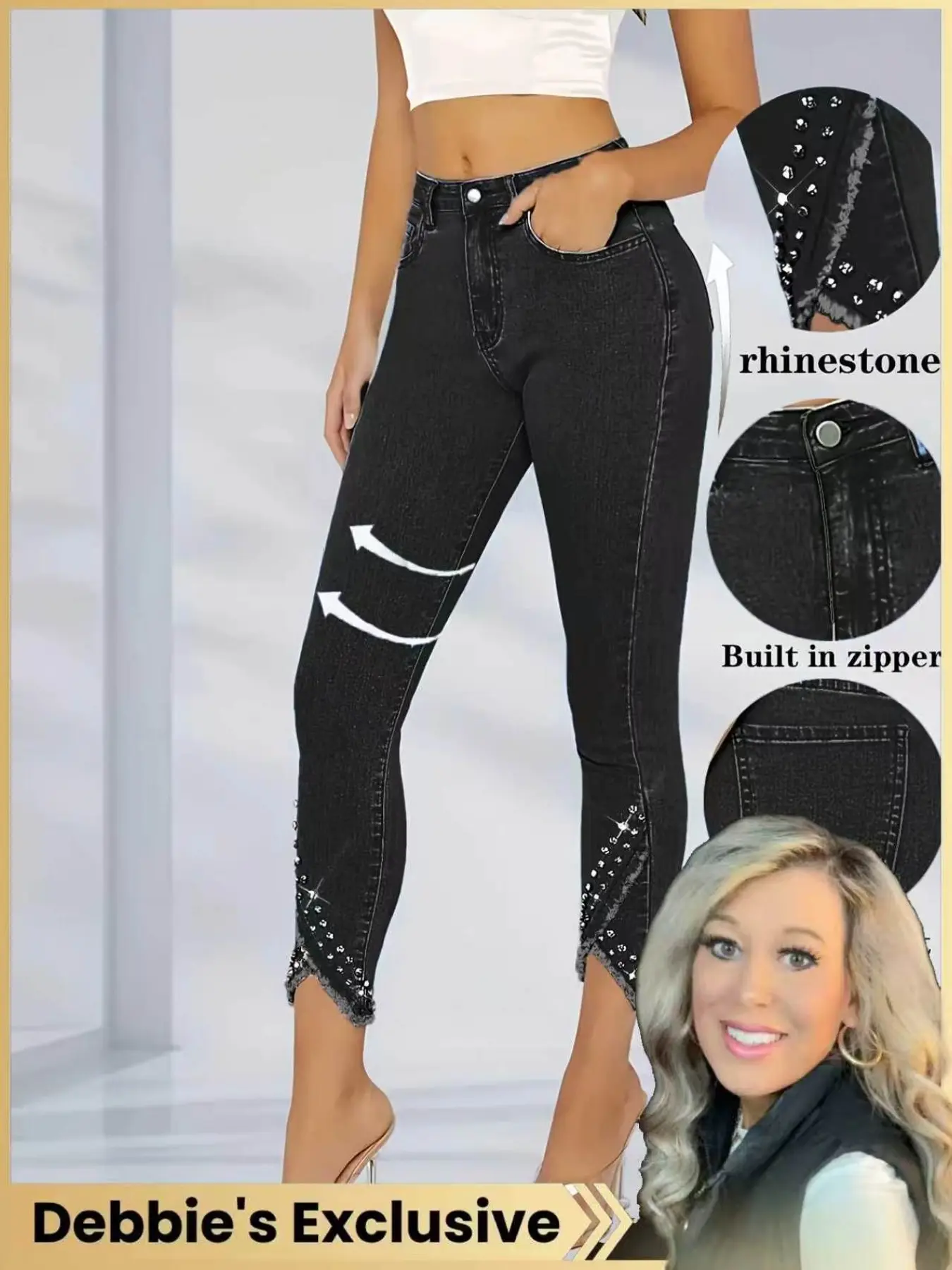 Women's Casual Denim Capri Pants with Rhinestone Hem, Tight Fit Slim Skinny Long Leg Jeans, Stylish Ladies' Fashion Bottoms, Ankle Skinny Jeans, Trouser, Womenswear