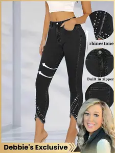 Women's Casual Denim Capri Pants with Rhinestone Hem, Tight Fit Slim Skinny Long Leg Jeans, Stylish Ladies' Fashion Bottoms, Trouser, Womenswear