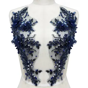 Handmade Rhinestones Applique Multiple Colors Sewing Beads Stones Trim Lace Patches Accessory for Wedding Dress Clothes DIY Decoration (Navy Blue)