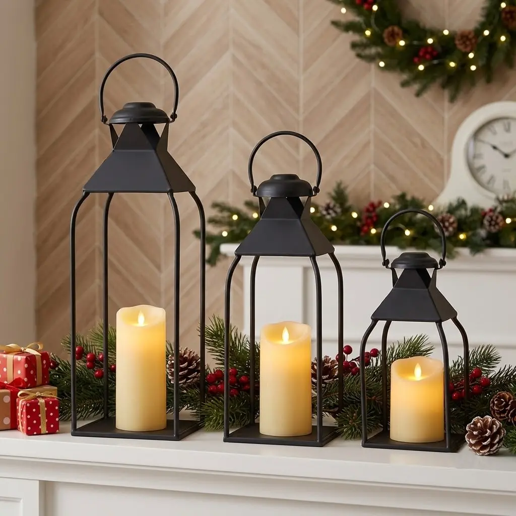 Set of 3 Rustic Metal Lanterns – Farmhouse-Style Indoor/Outdoor Decor for Porch, Patio, Fireplace, Wedding Centerpieces & Holiday Tables