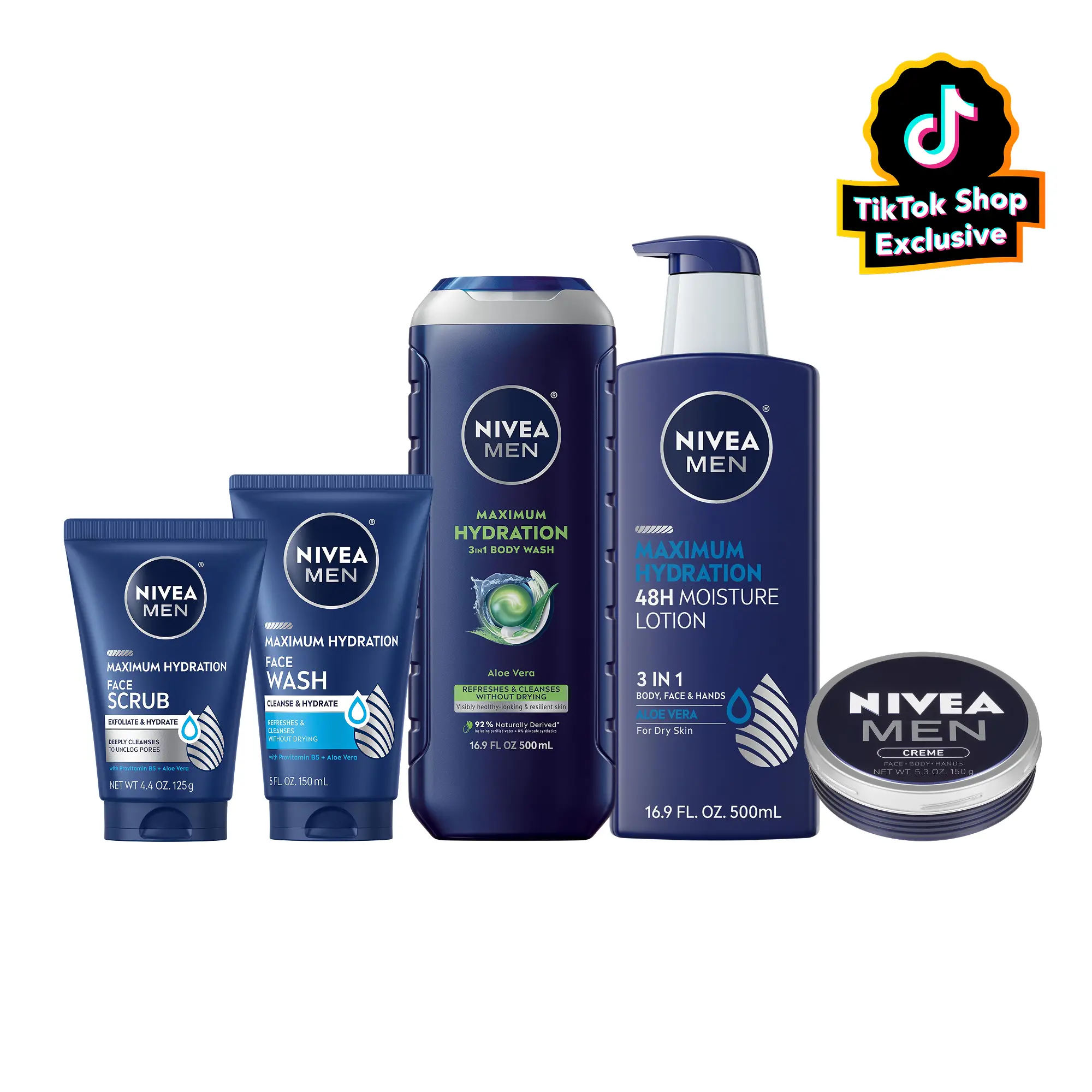 NIVEA MEN Maximum Hydration 5-Piece Skincare Bundle for Dry Skin – Body Wash, Lotion, Face Wash, Face Scrub & Crème