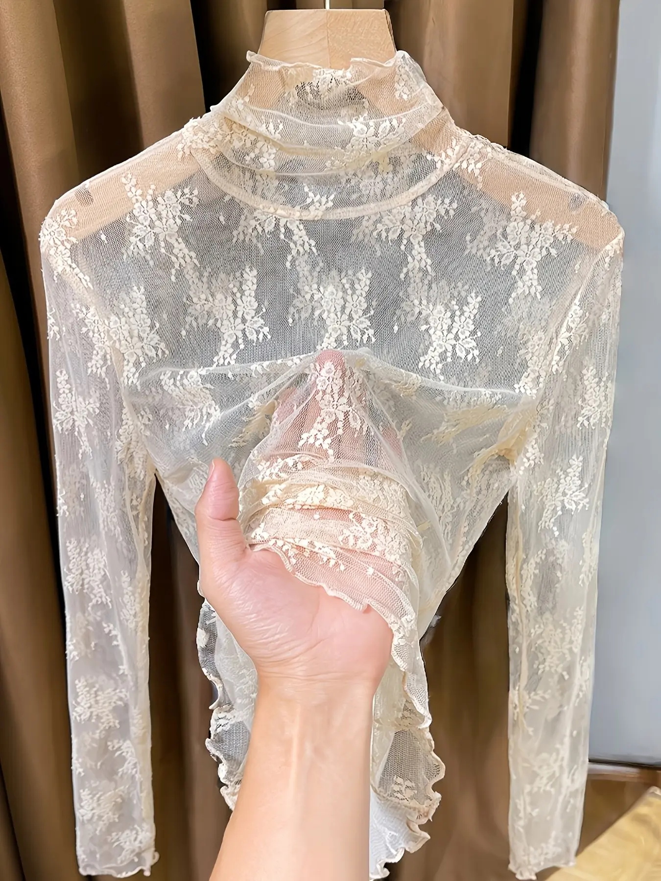 Women's Lace Long Sleeve Top Blouse Shirts, Casual Classy Top, Casual Chic Top, Half High Neck Design, Elegant Mesh Fabric, Perfect Inner Layer for Fall & Winter Womenswear, Blouses Shirts Tops