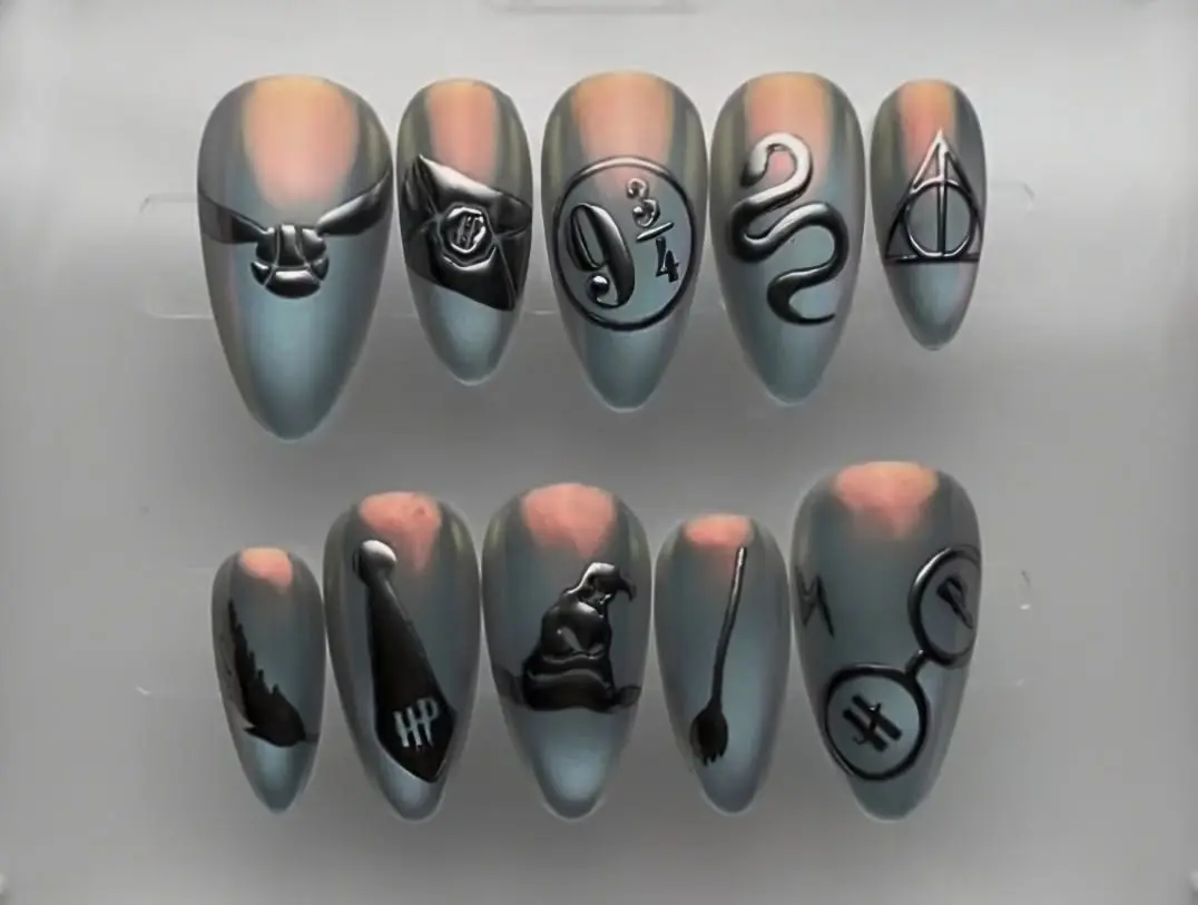 Handmade Wizard School Inspired HArry Chrome Press On Nails | Iridescent Black 3D Metallic Fantasy Fake Nails with FREE Adhesive Tabs FREE Nail File FREE Cuticle Stick
